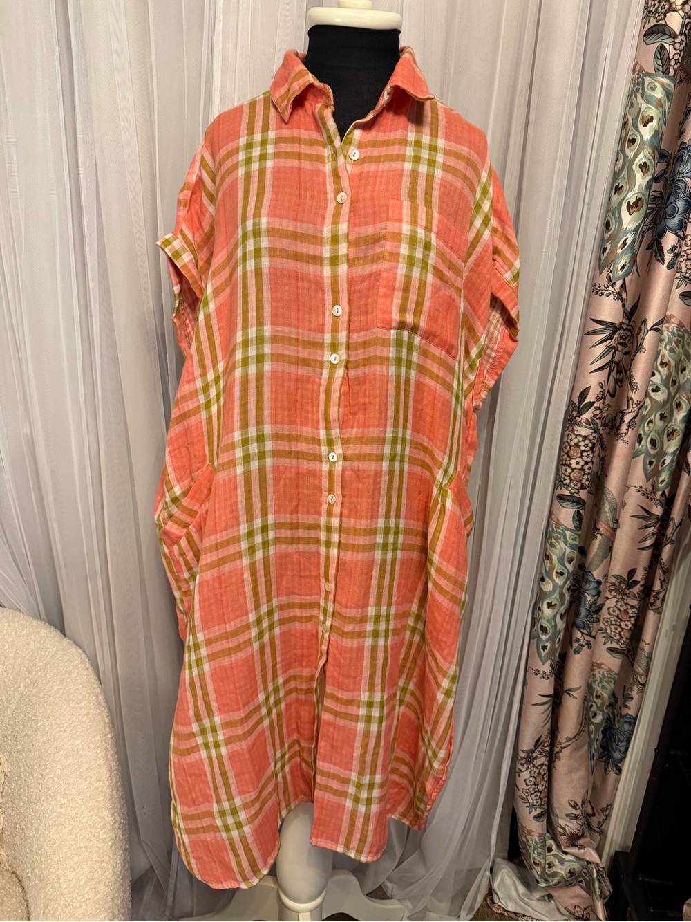 ivy jane Coral and Olive Plaid Button-Front Mini Dress